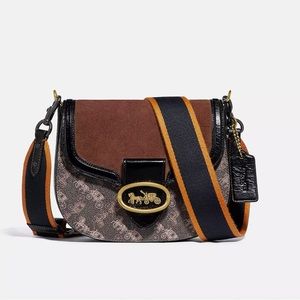 COACH Kat Saddle Bag 20 w/ Horse & Carriage Print- brown suede, black leather